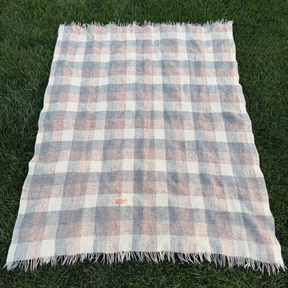 Avoca Handweavers Pure New Wool Blanket Handwoven Ireland Plaid Grey Pink 60x46